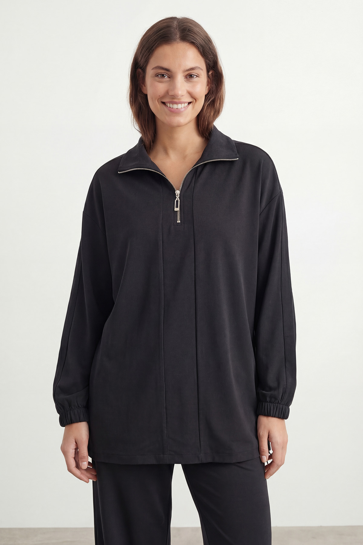 Kadın Yarım Fermuarlı Kontrast Detaylı Rahat Takım – 14485TKS