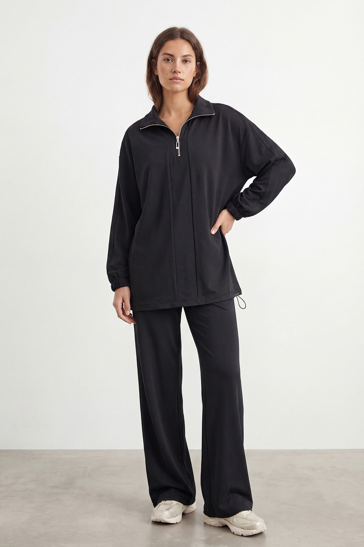 Kadın Yarım Fermuarlı Kontrast Detaylı Rahat Takım – 14485TKS