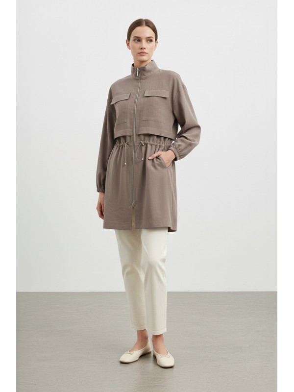 Women's Zip-Up Stand-Up Collar Jacket with Gathered Waist