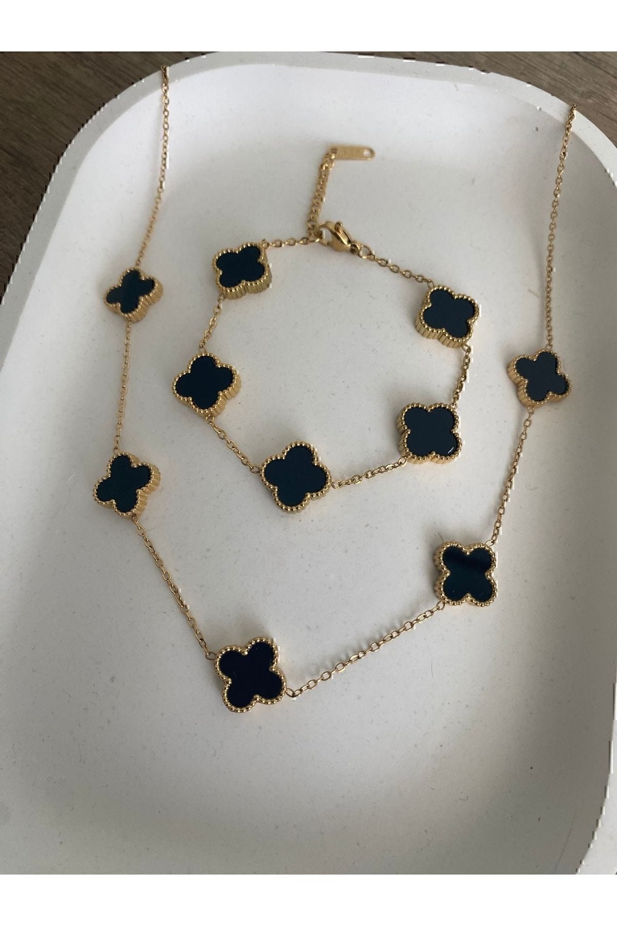 Wholesale Gold Color Black Mother of Pearl Van Cleef Necklace Bracelet Set (Double-Sided) 
