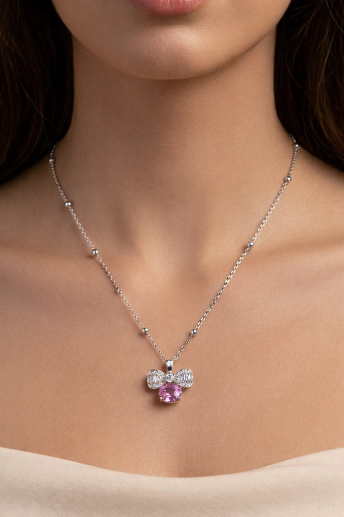 Gümüş  Renk Pembe Fiyonk Model Top Zincir Çelik Kolye - 3855