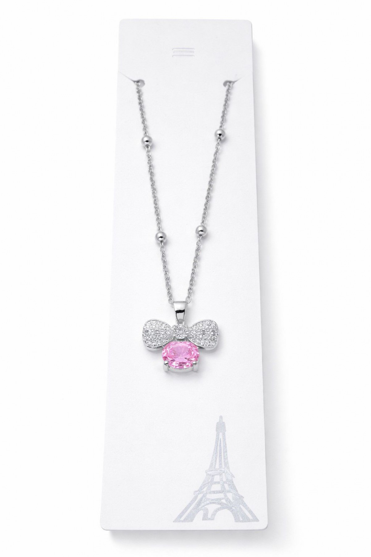 Gümüş  Renk Pembe Fiyonk Model Top Zincir Çelik Kolye - 3855