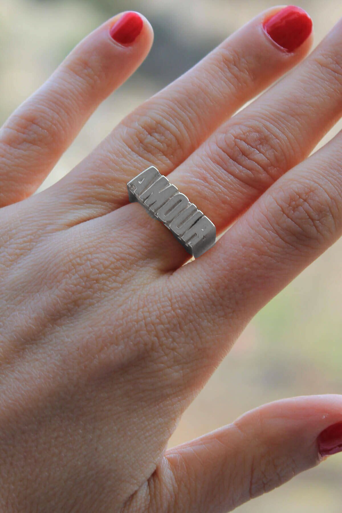 Kadın Amour Yazılı Gümüş Renk Ayarlanabilir Yüzük