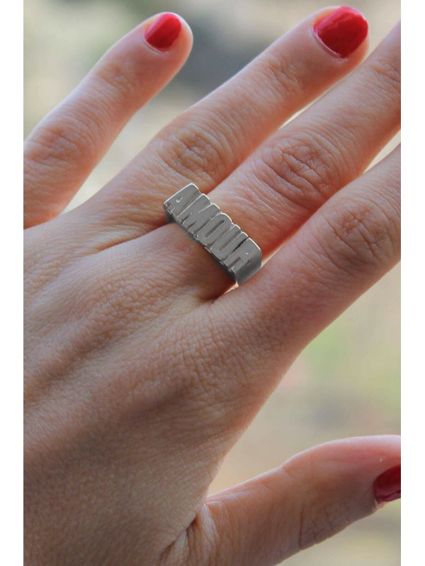 Kadın Amour Yazılı Gümüş Renk Ayarlanabilir Yüzük