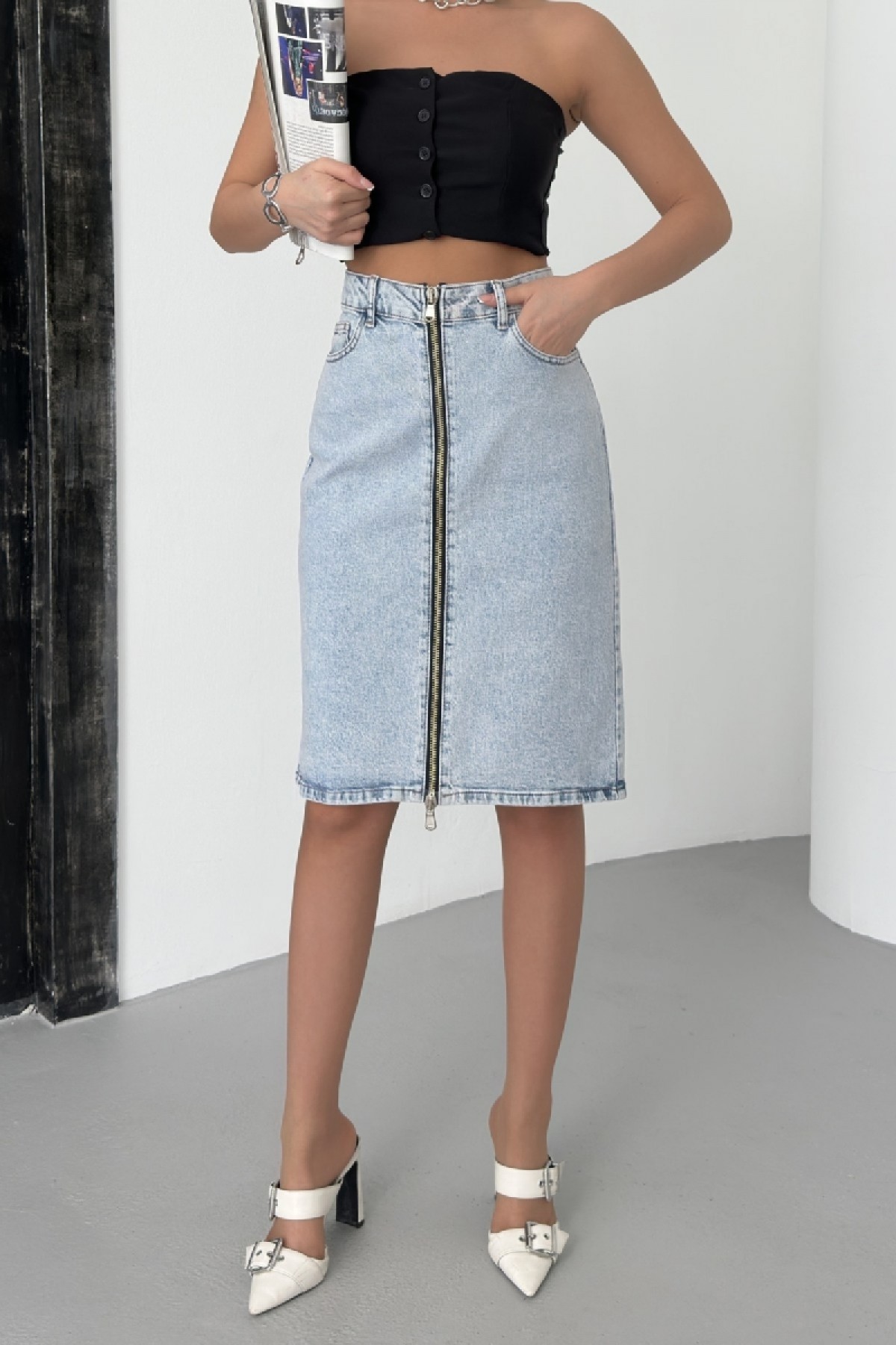 Medium Length Denim Skirt with Zippers on Double Side Mixed Light Blue and Tinted
