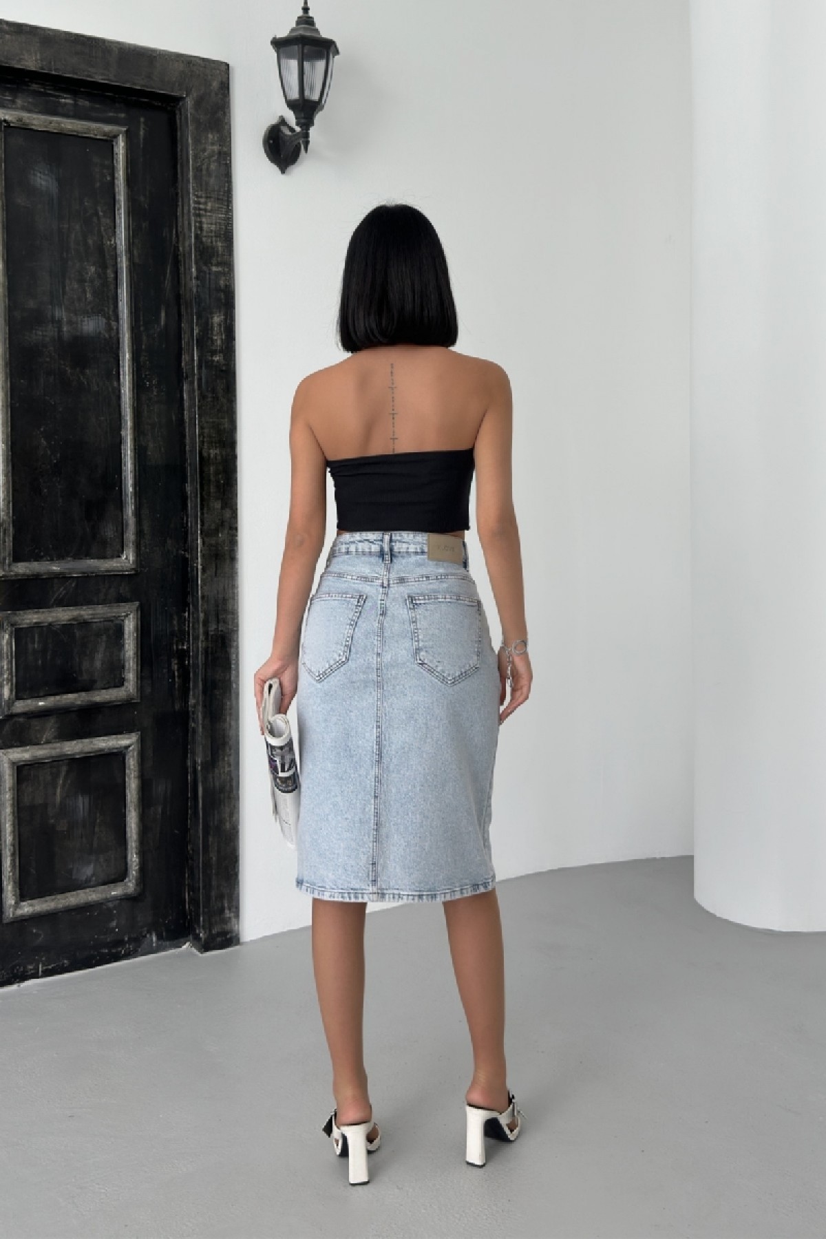 Medium Length Denim Skirt with Zippers on Double Side Mixed Light Blue and Tinted