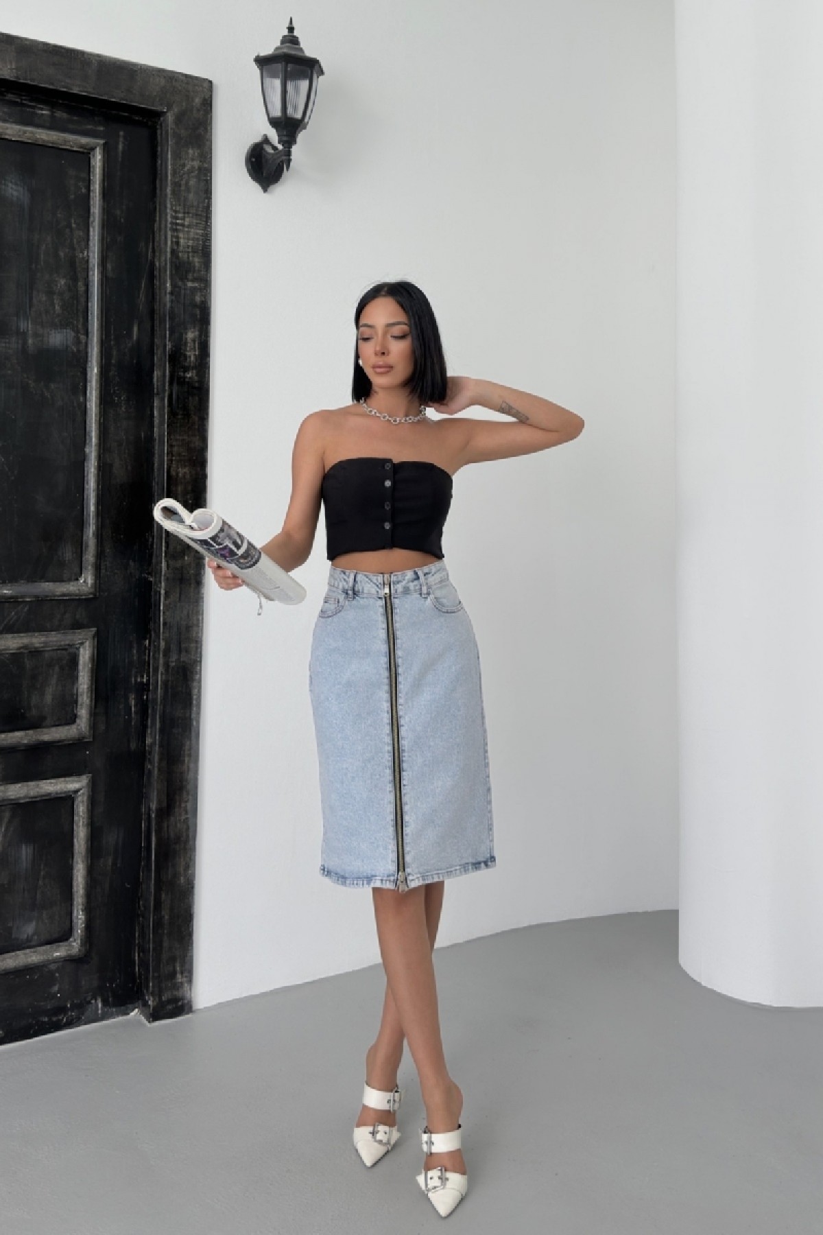 Medium Length Denim Skirt with Zippers on Double Side Mixed Light Blue and Tinted
