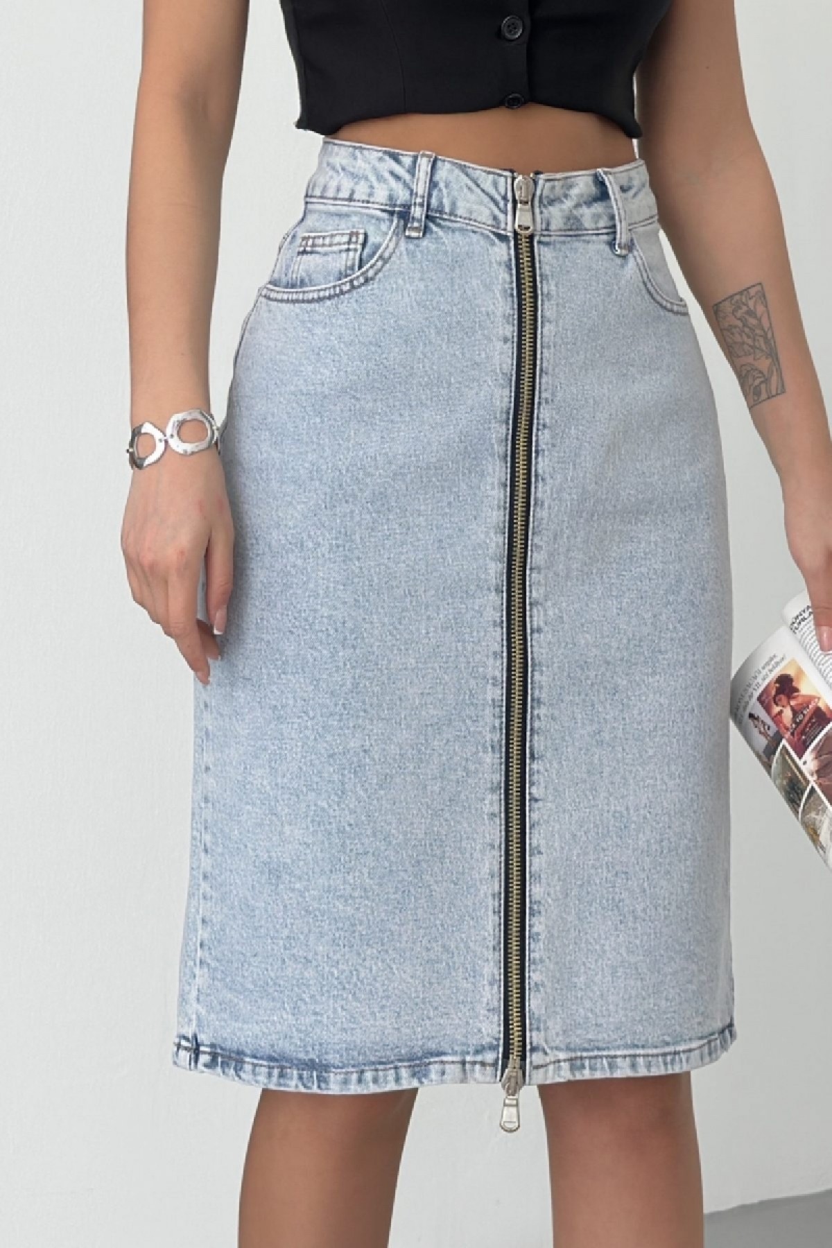 Medium Length Denim Skirt with Zippers on Double Side Mixed Light Blue and Tinted