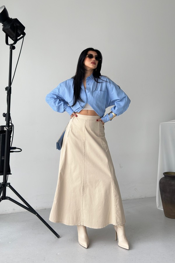 Ruffled Long Skirt with Elasticated Waist 1063 Stone