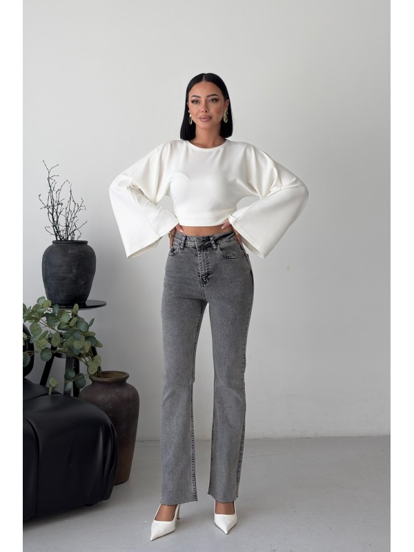 İspanyol Mom Fit Kot Pantolon 1706 Gri Kar Yıkama