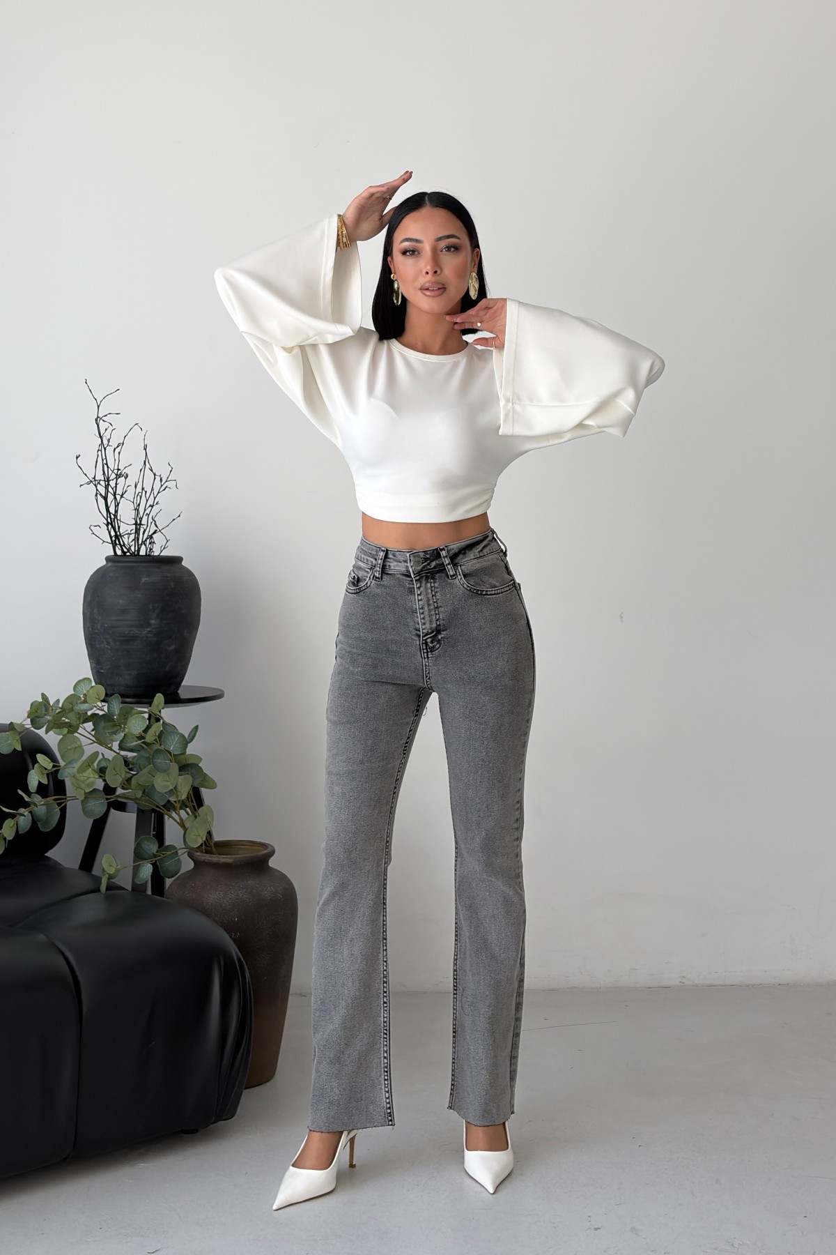 İspanyol Mom Fit Kot Pantolon 1706 Gri Kar Yıkama