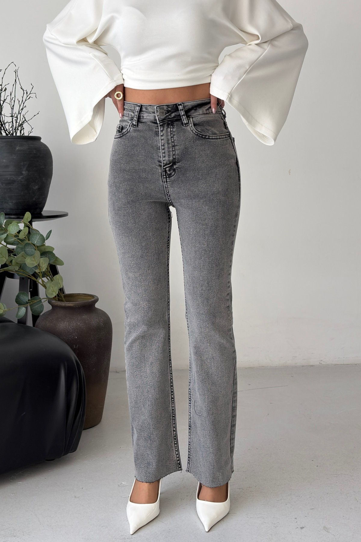 İspanyol Mom Fit Kot Pantolon 1706 Gri Kar Yıkama