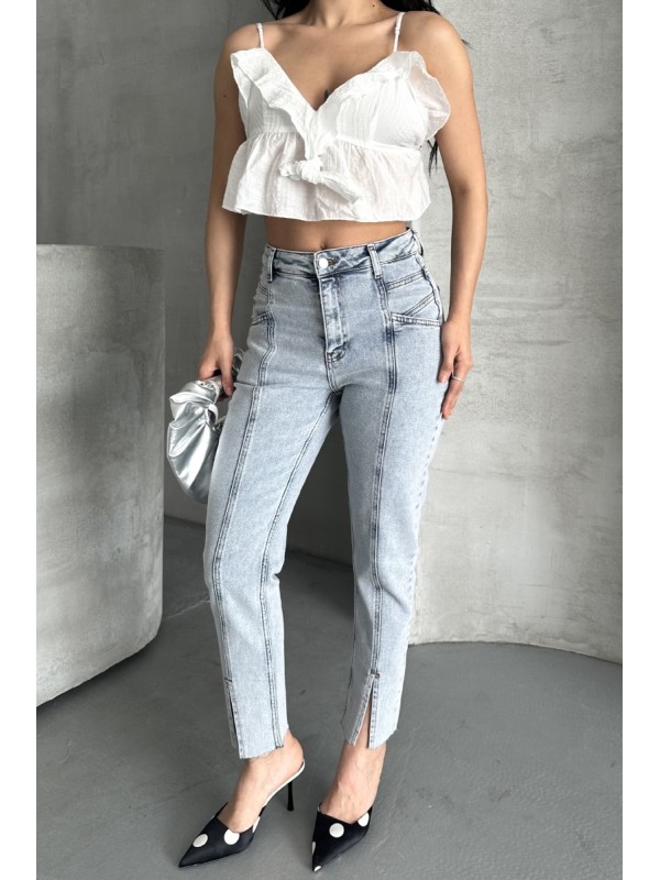 High Rise Mom Jean With Slit in Leg Front 1743 Snow Light Blue