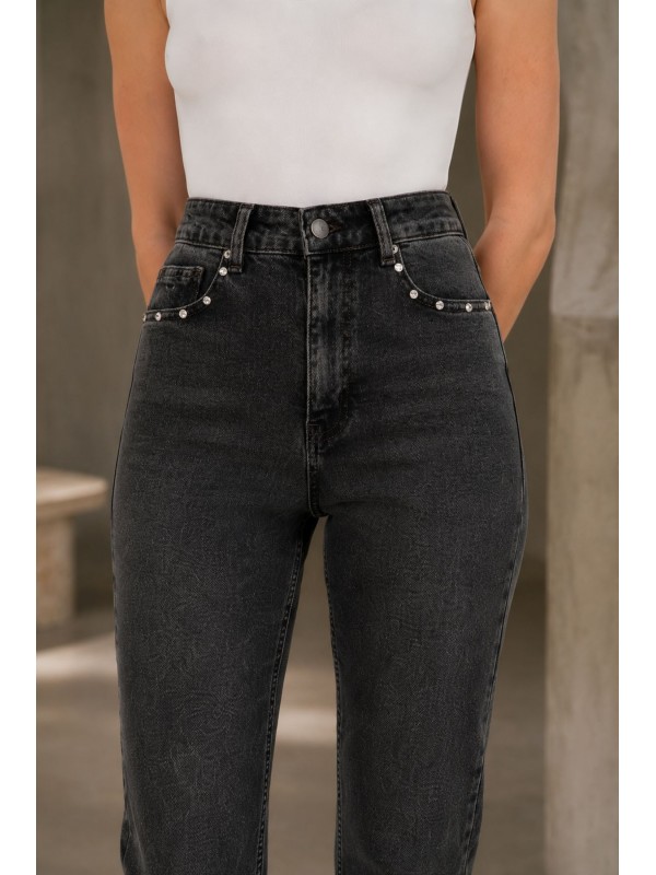 Mom Jean with Side Slits 1774 Dark Blue Snow Denim