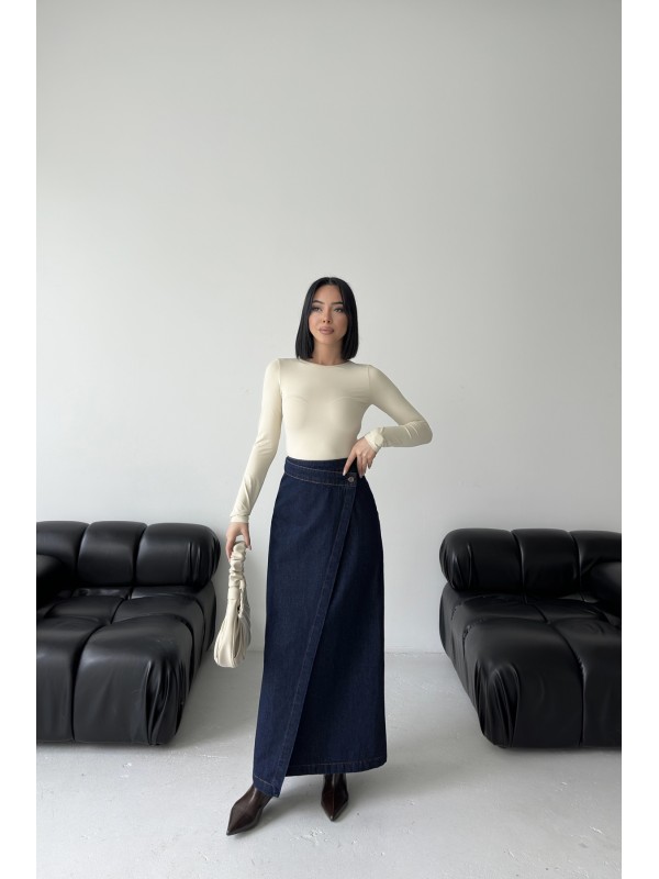 Long Denim Skirt with Flap Slubbed Navy Blue