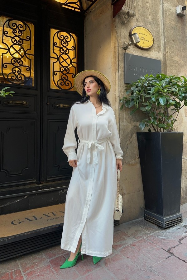 Buttoned Classic Long Denim Dress Cream White