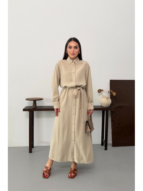 Buttoned Classic Long Denim Dress Stone