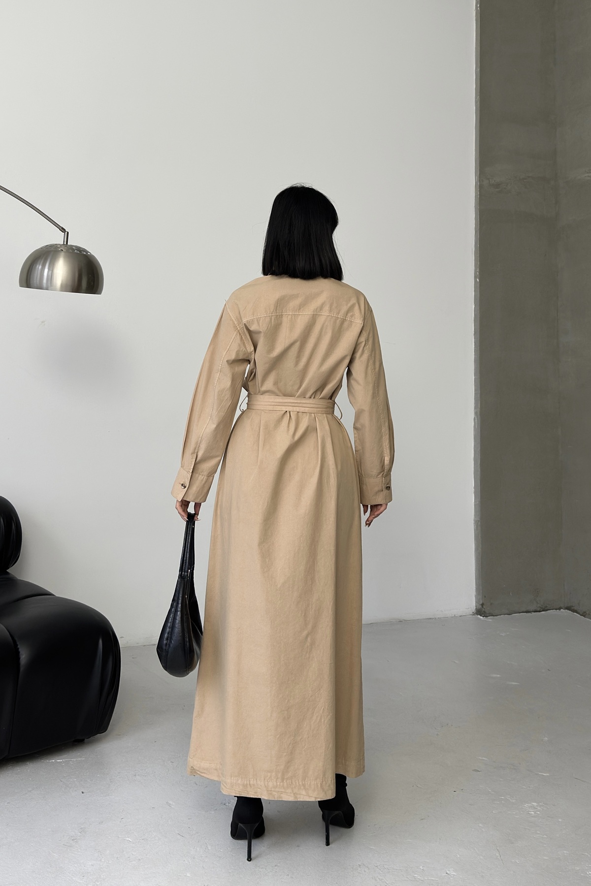 Buttoned Classic Long Denim Dress Camel