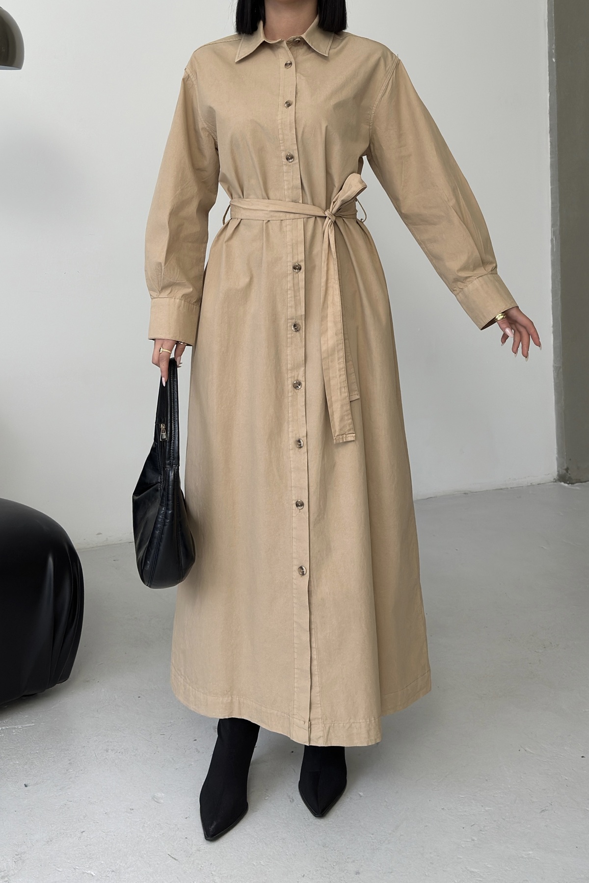 Buttoned Classic Long Denim Dress Camel