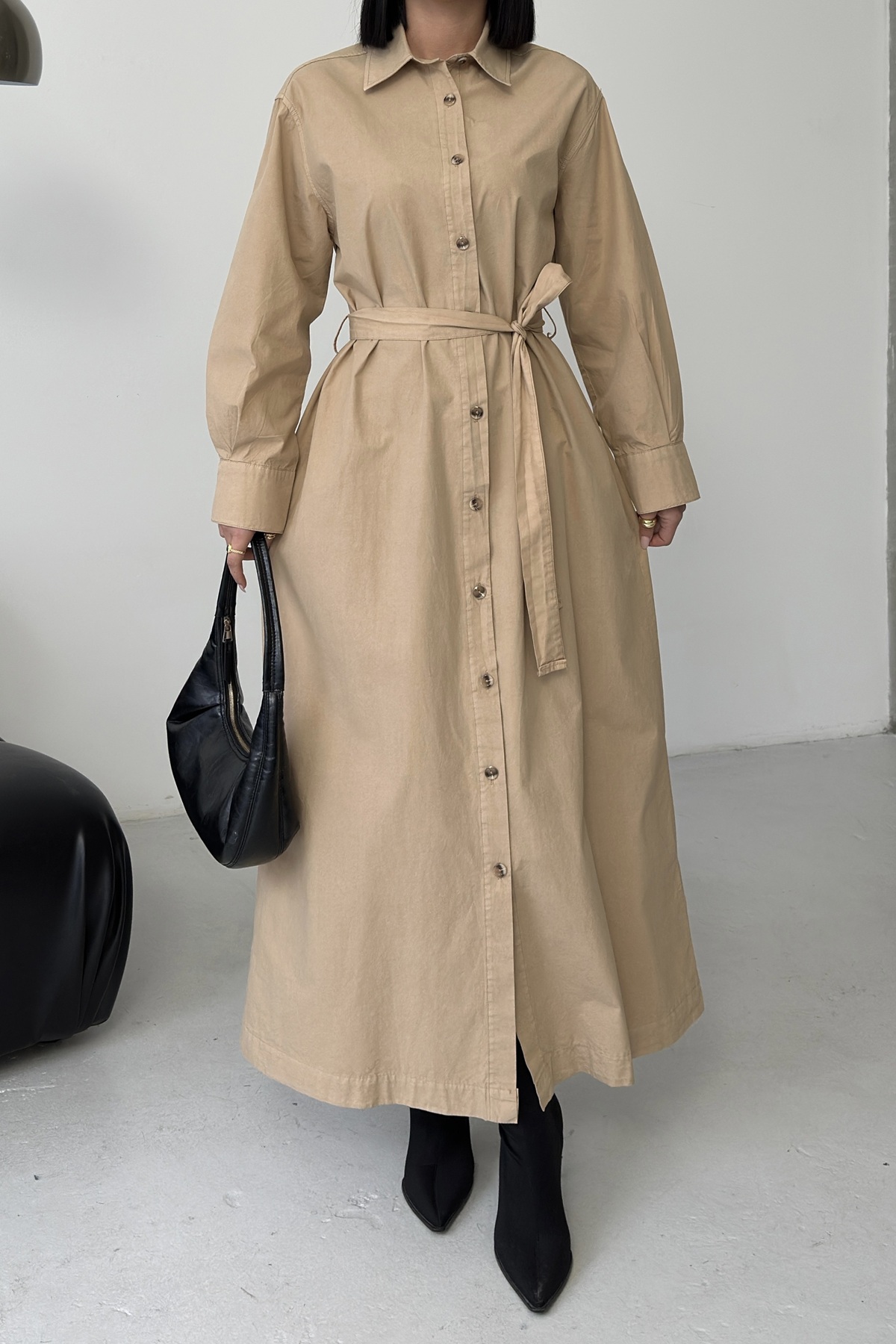 Buttoned Classic Long Denim Dress Camel