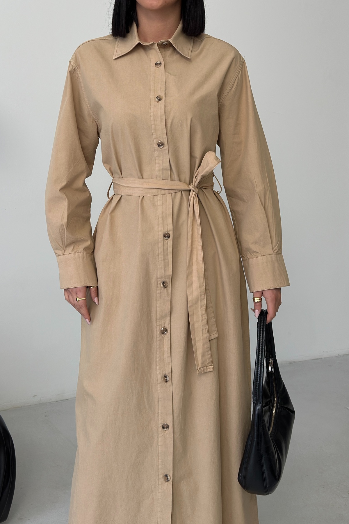 Buttoned Classic Long Denim Dress Camel