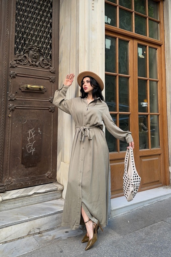Buttoned Classic Long Denim Dress Green