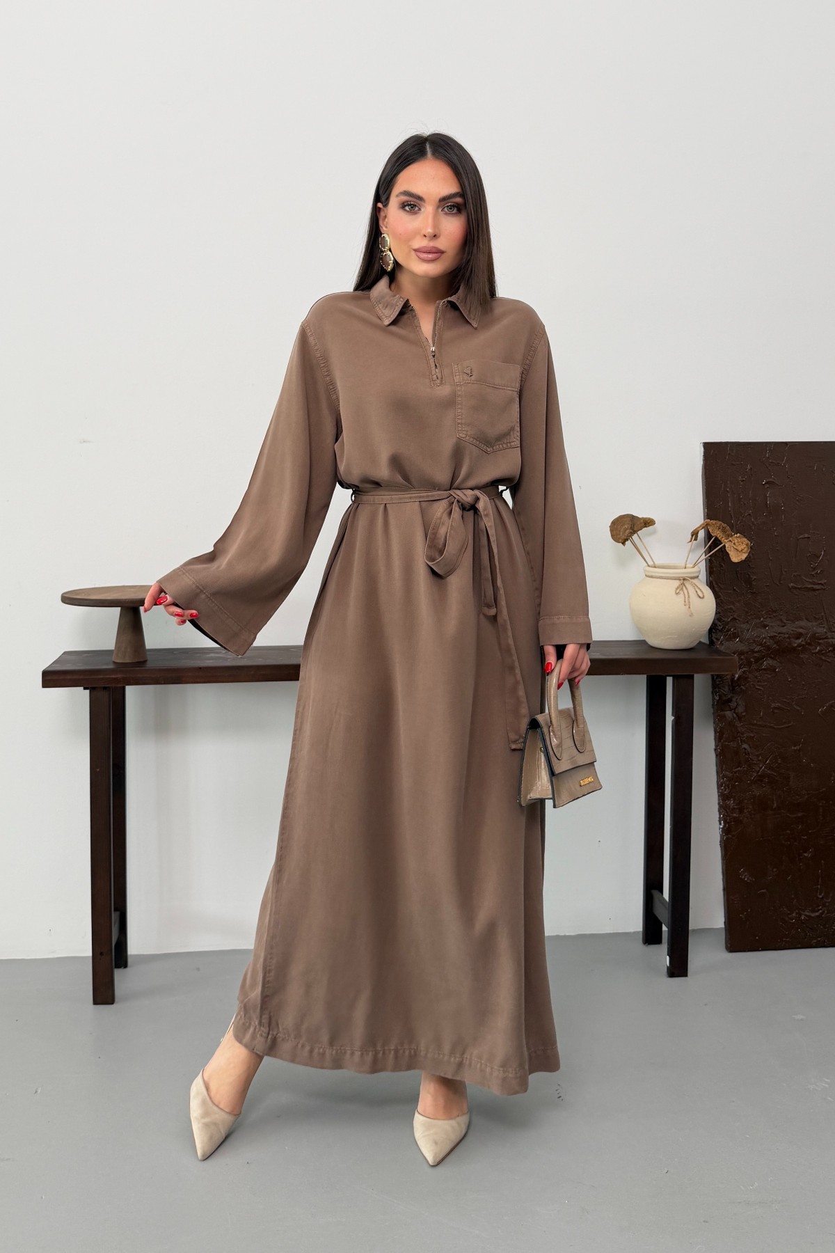 Belted Long Denim Dress Soil