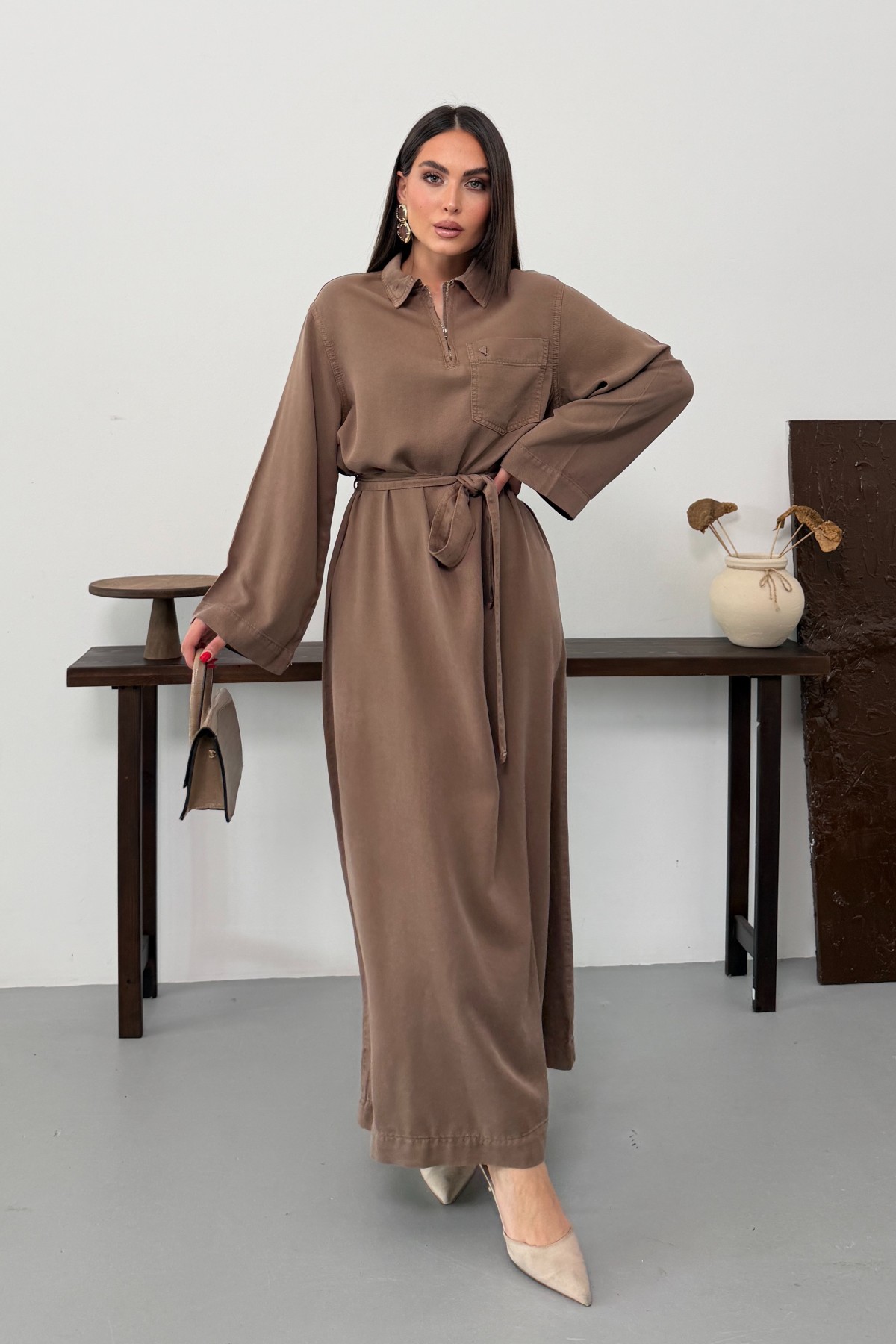 Belted Long Denim Dress Soil