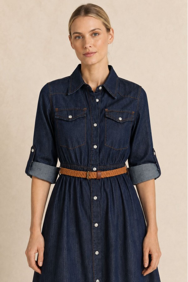 Short Denim Dress with Ruffle Detail Slubbed Navy Blue