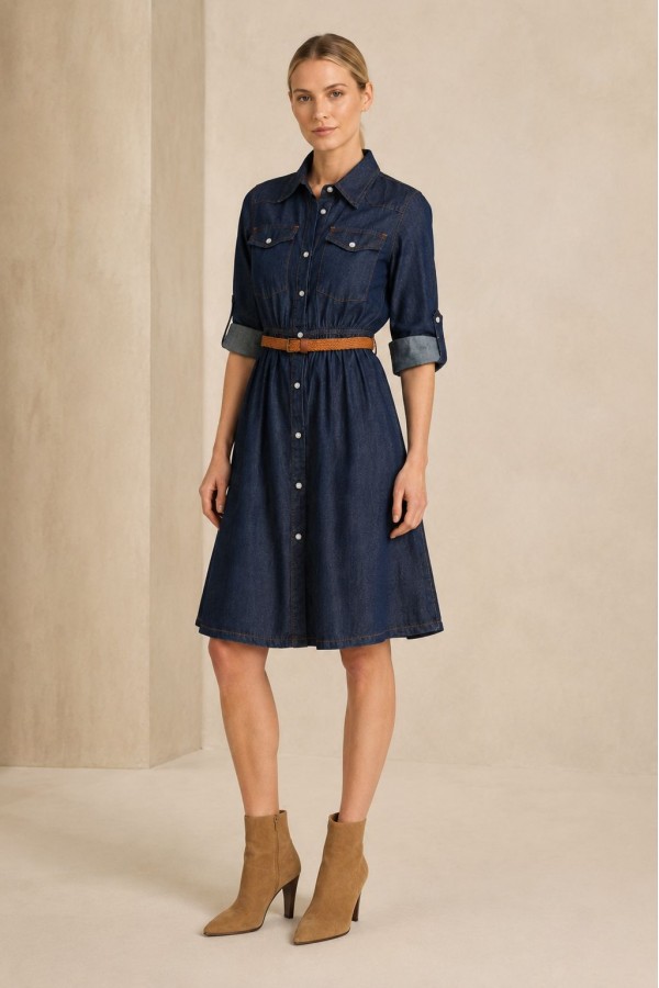 Short Denim Dress with Ruffle Detail Slubbed Navy Blue