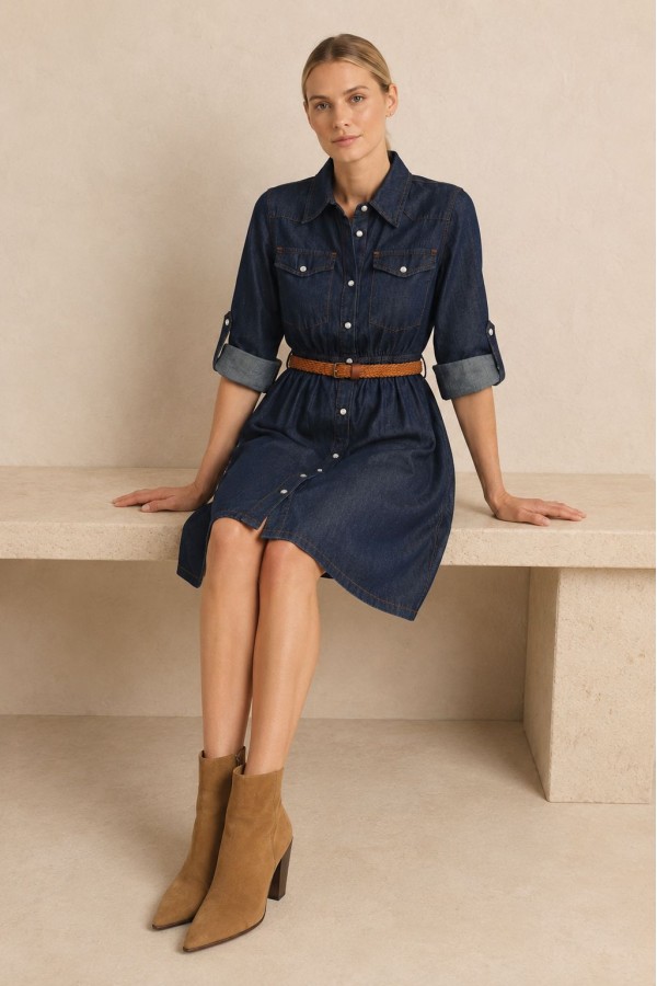 Short Denim Dress with Ruffle Detail Slubbed Navy Blue