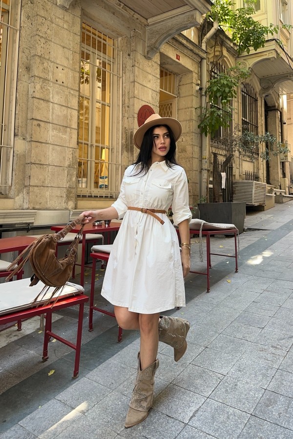 Short Denim Dress with Ruffle Detail Cream White