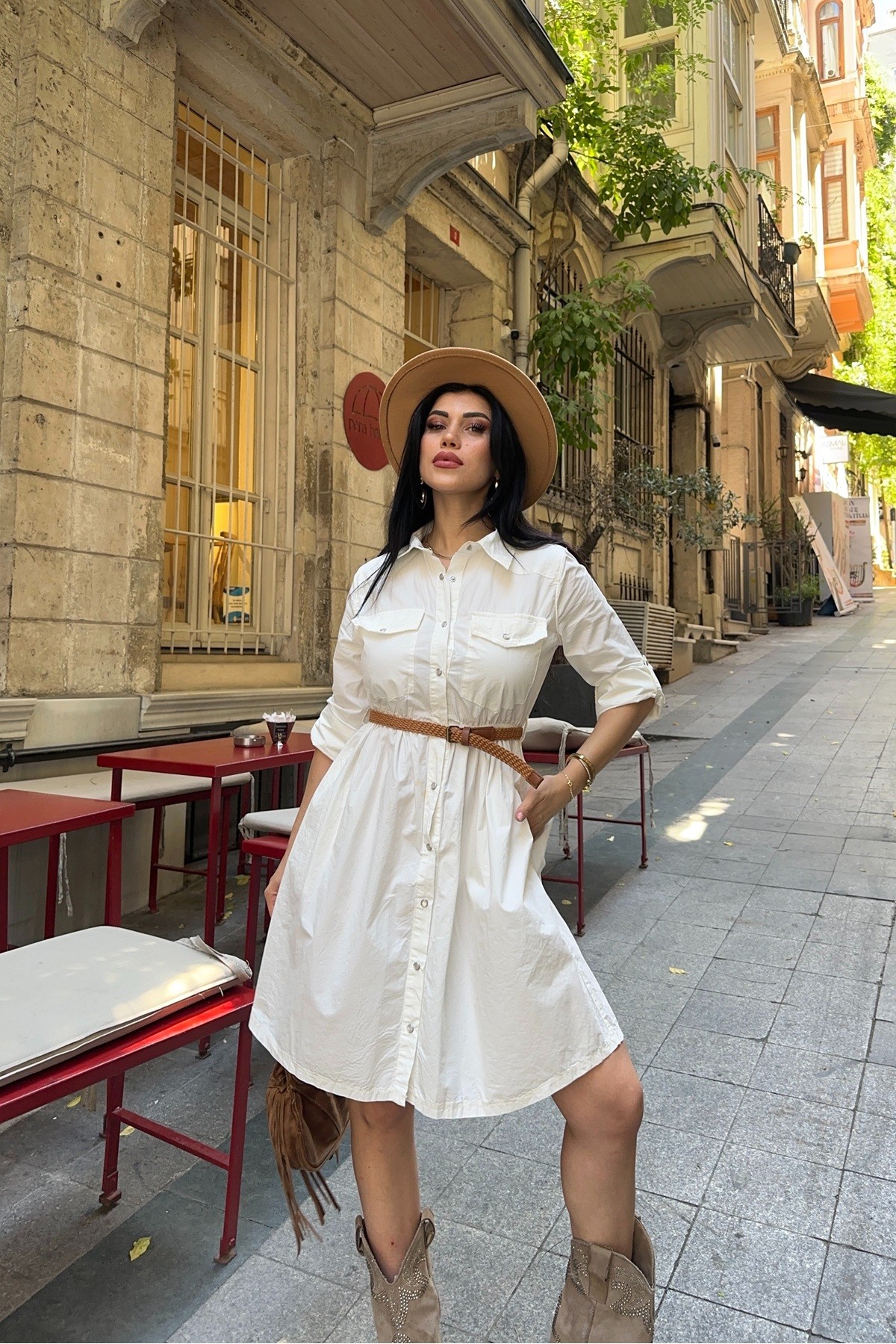 Büzgü Detaylı Kısa Kot Elbise 3040 Kırık Beyaz