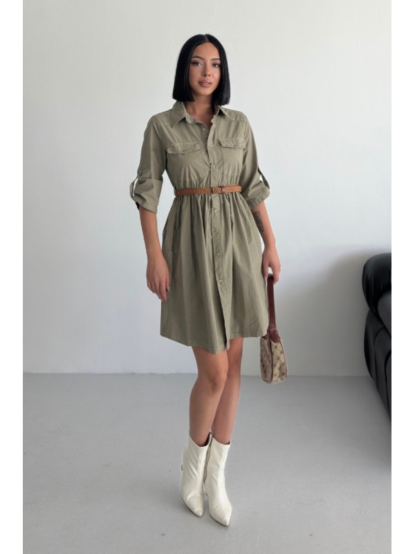 Short Denim Dress with Ruffle Detail Green