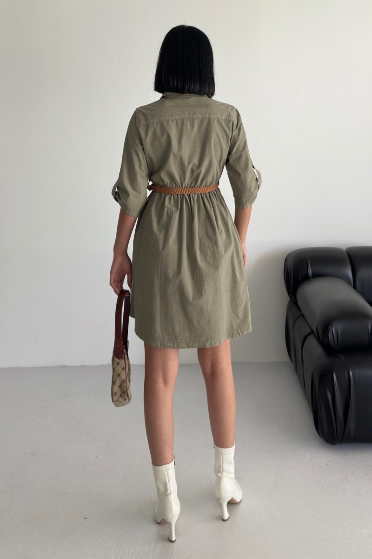 Short Denim Dress with Ruffle Detail Green