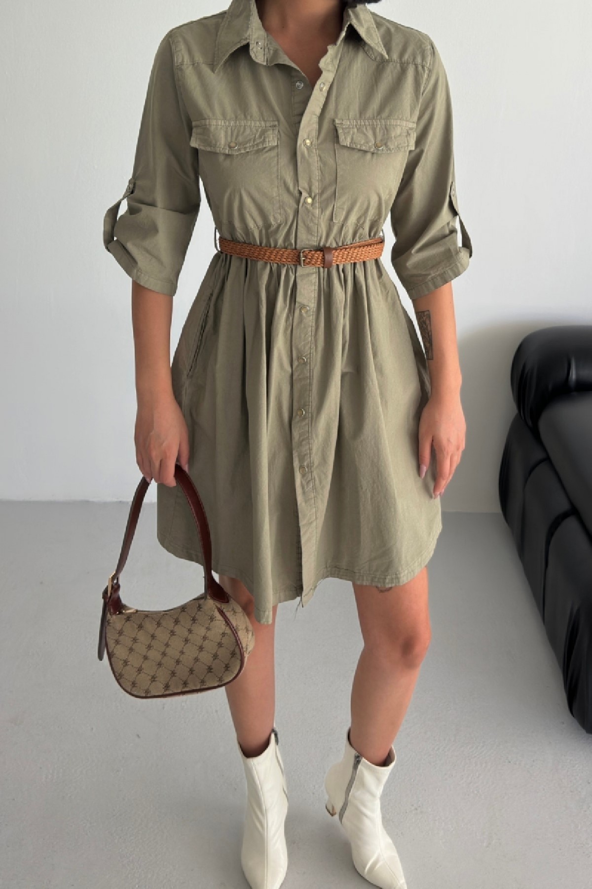 Short Denim Dress with Ruffle Detail Green