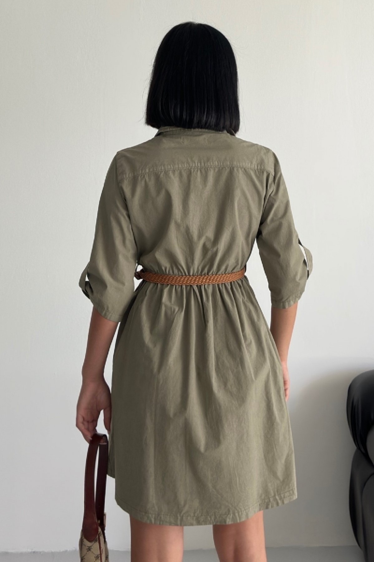 Short Denim Dress with Ruffle Detail Green