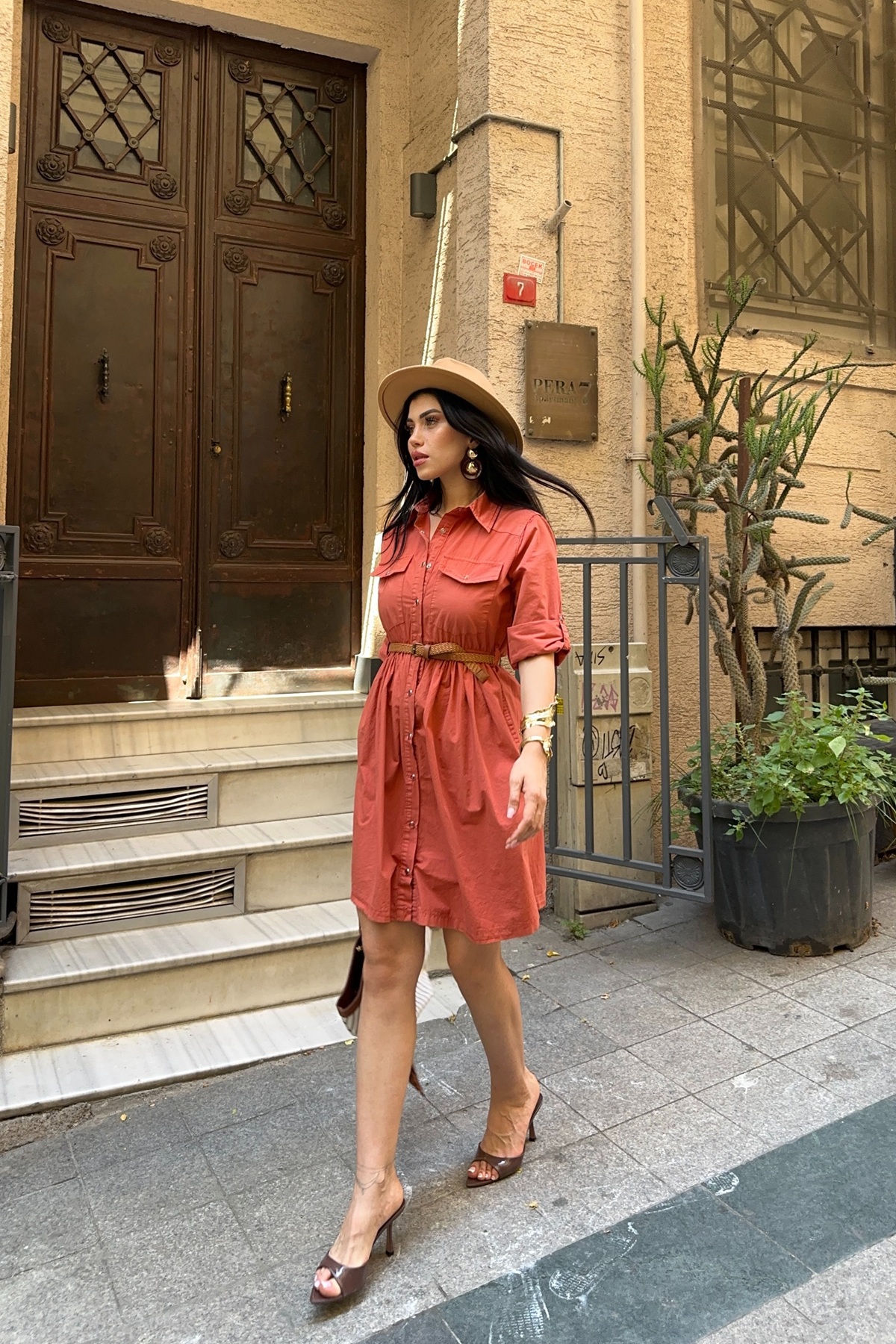 Short Denim Dress with Ruffle Detail Roof Tile