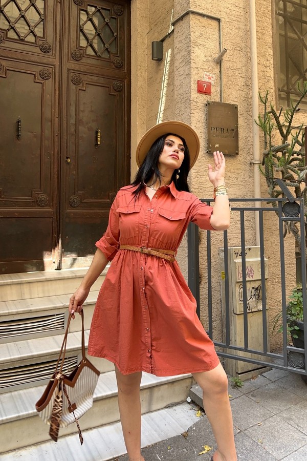 Short Denim Dress with Ruffle Detail Roof Tile