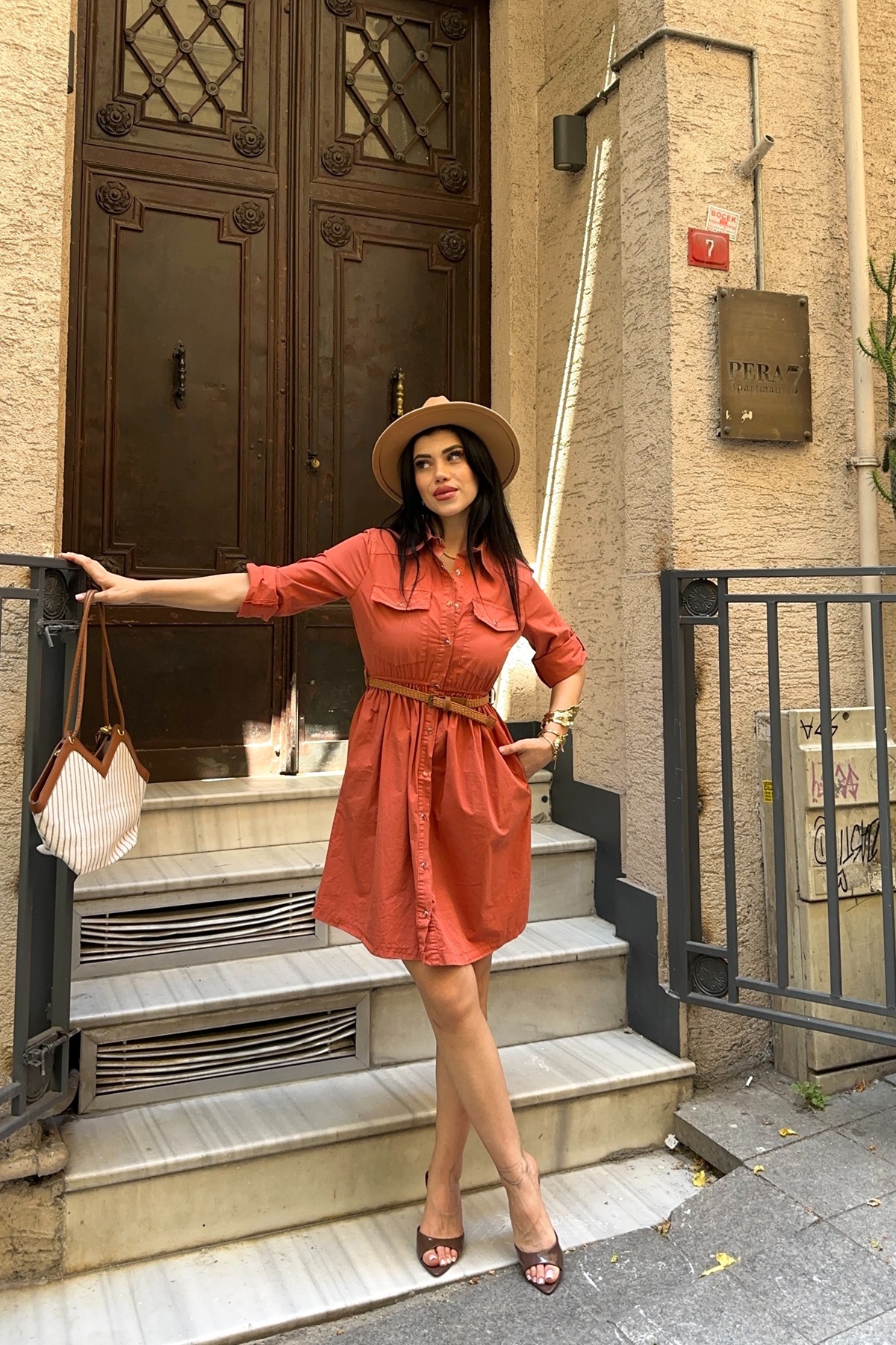 Short Denim Dress with Ruffle Detail Roof Tile