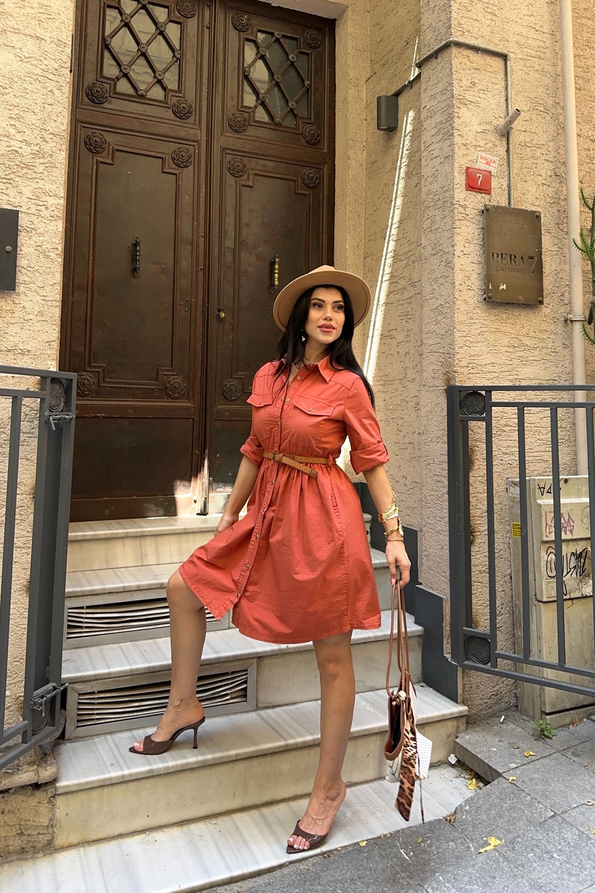 Short Denim Dress with Ruffle Detail Roof Tile