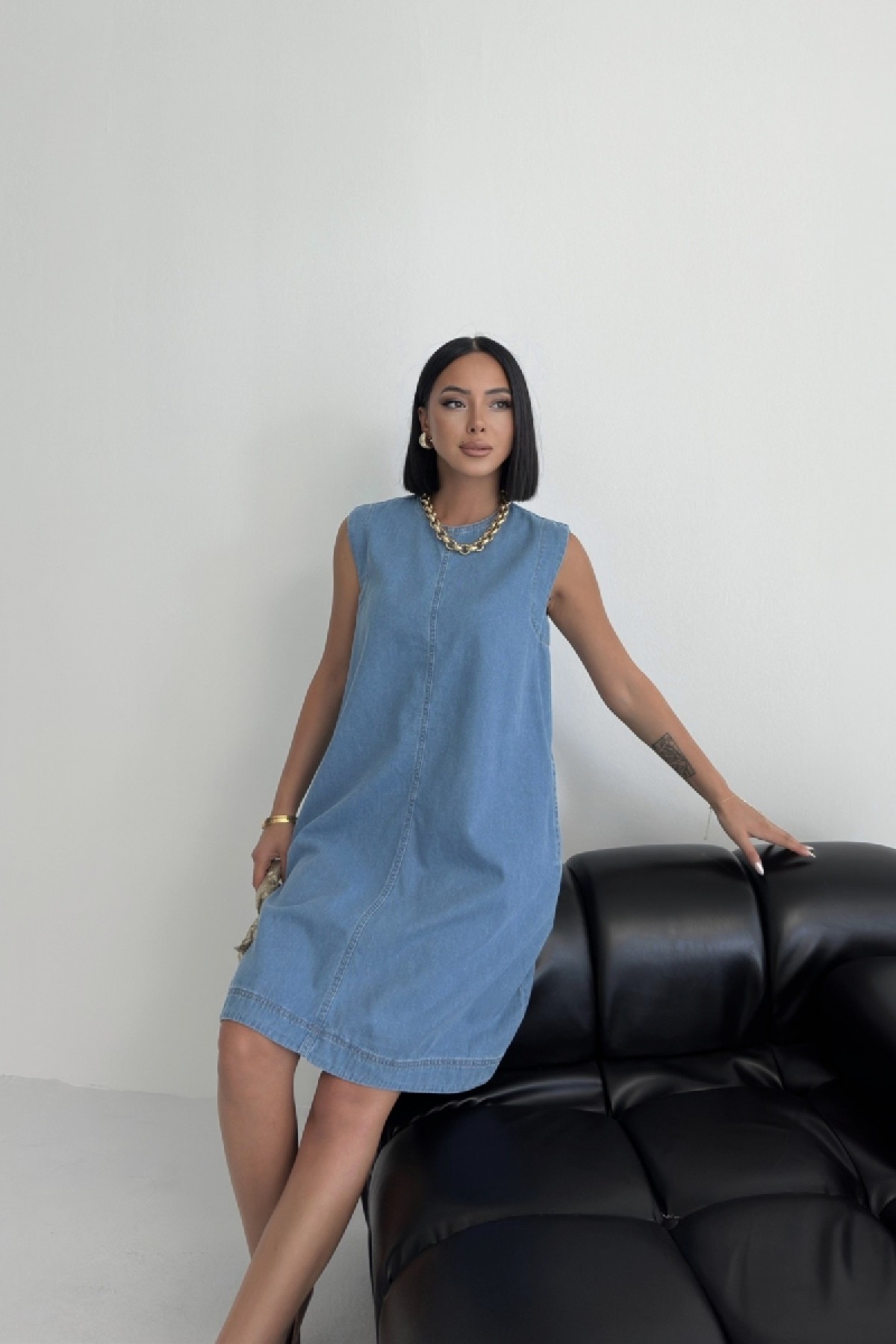 Kolsuz Cepli Oversize Elbise 3043 Orta Mavi