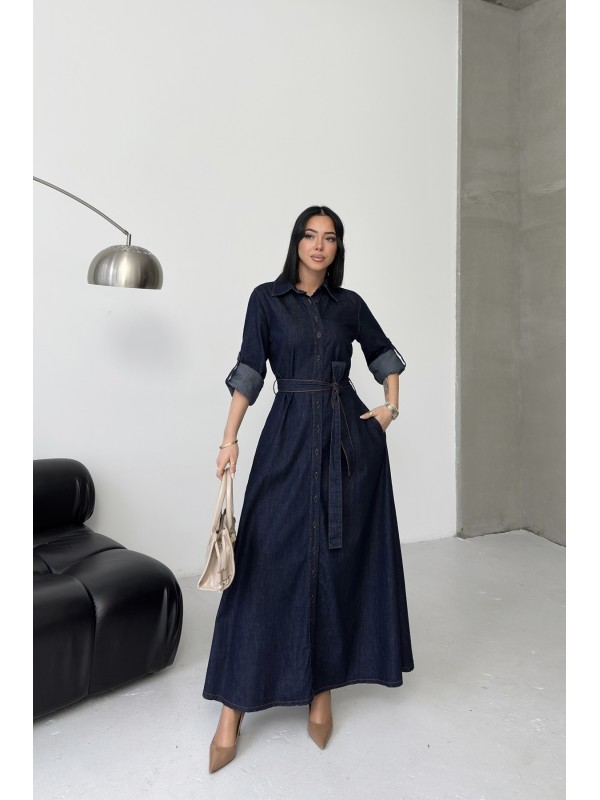 Buttoned Long Denim Dress Slubbed Navy Blue