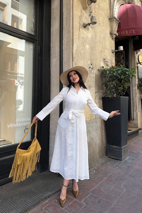 Buttoned Long Denim Dress White