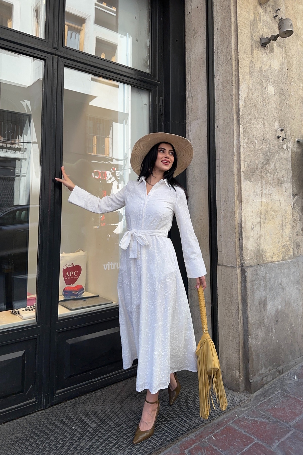 Buttoned Long Denim Dress White