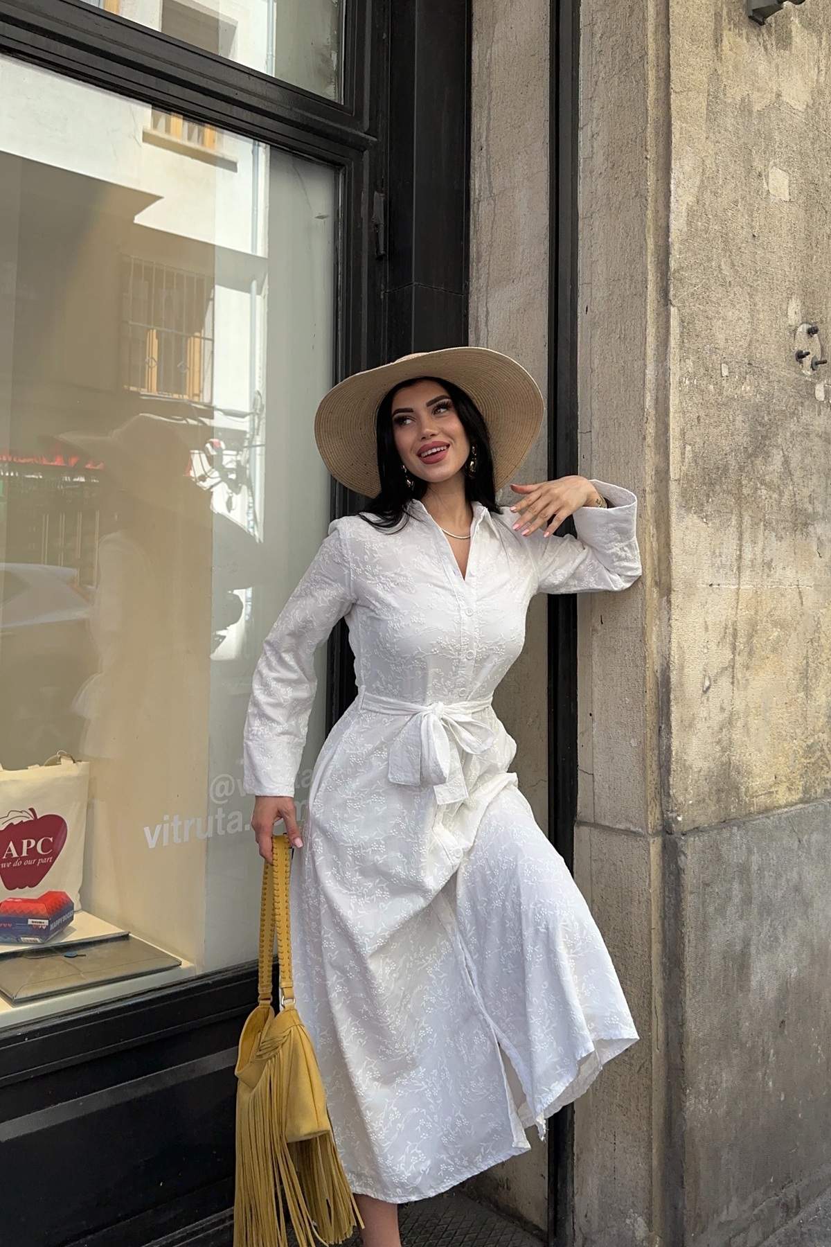 Buttoned Long Denim Dress White