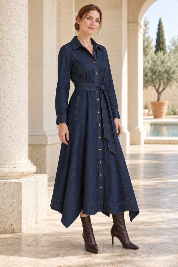 Asymmetrical Hem Belted Dress 3090 Slubbed Navy Blue