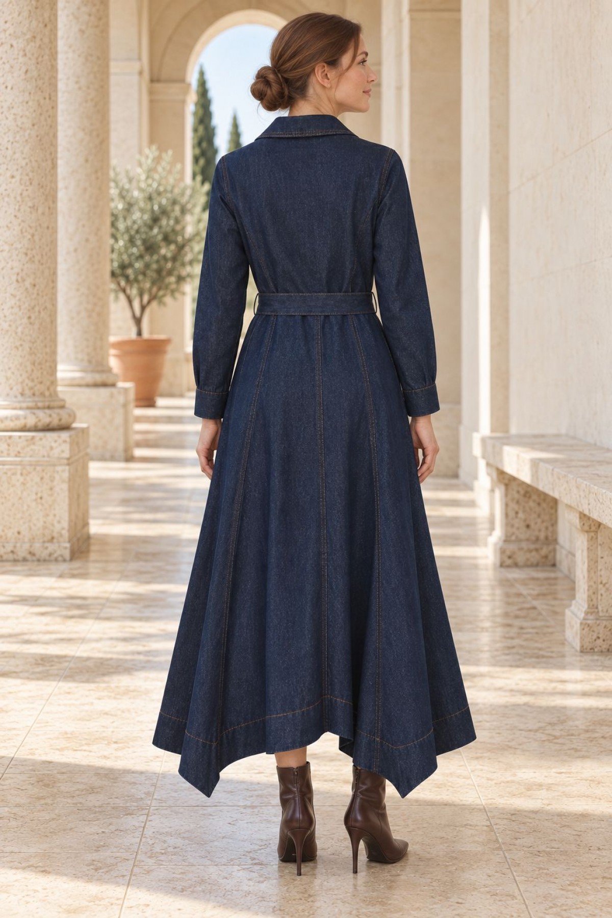 Asymmetrical Hem Belted Dress 3090 Slubbed Navy Blue