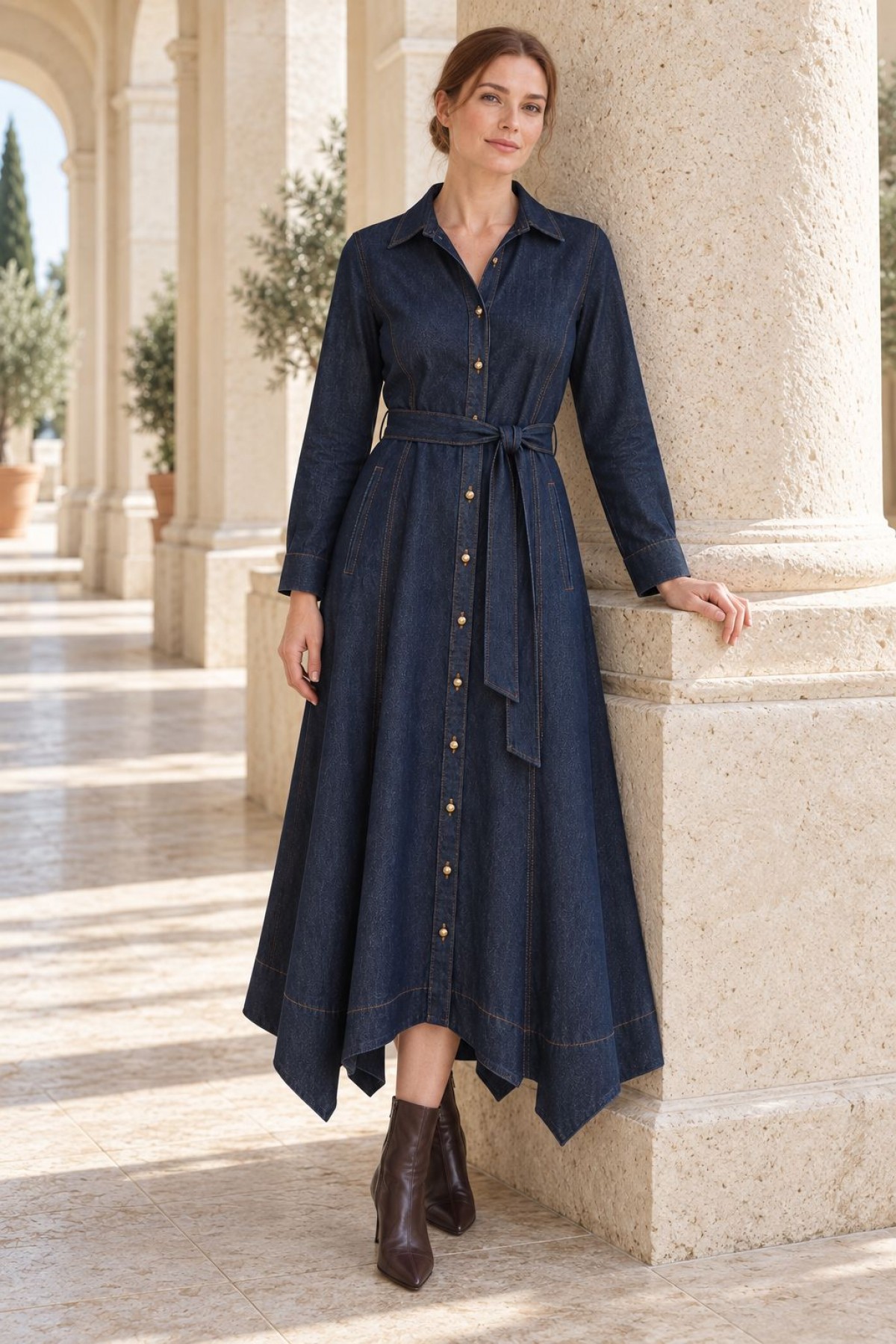 Asymmetrical Hem Belted Dress 3090 Slubbed Navy Blue