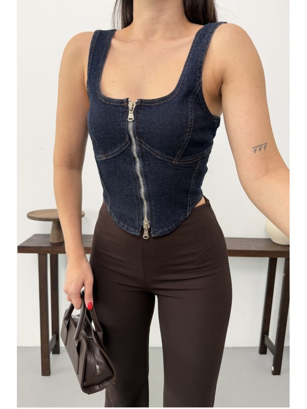 Denim Bustier with Front Zipper Slubbed Navy Blue